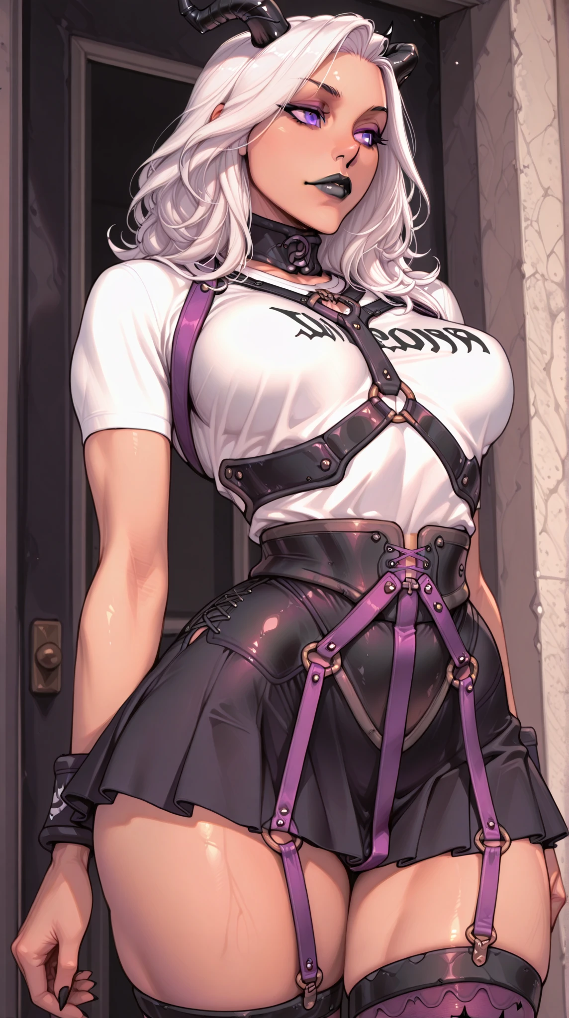 High detailed, 1 girl, solo,blondie hair, hair ornament, hair scrunchie, long hair, pink scrunchie, scrunchie, ,purple eyes, big busty, firm curvy body, burgundy shirt, , deep cleavage, Juliet sleeves, pencil skirt, black thighhighs, red gloves