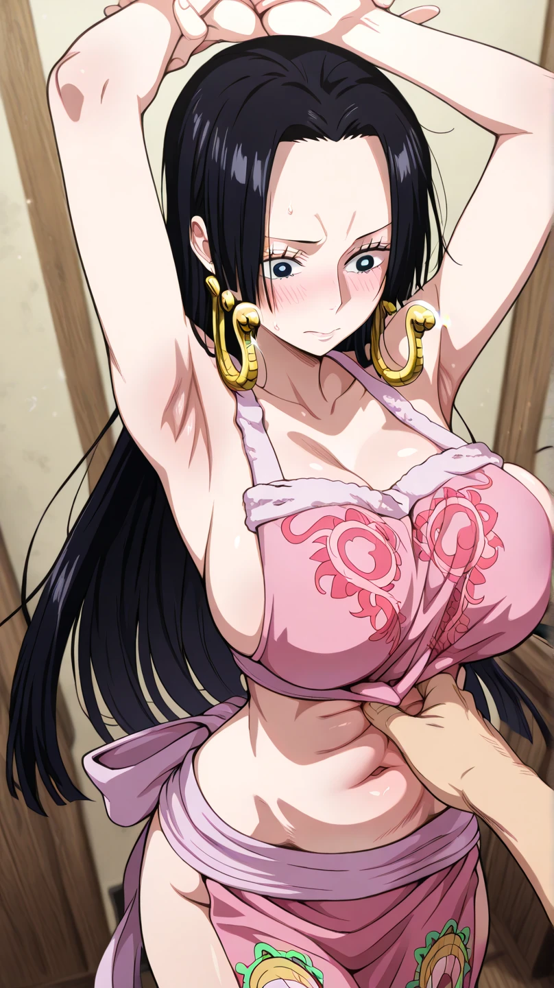 upper body, dynamic pose, happy, smile, open mouth,1 girl, smile, beautiful face, all detailed, high quality, masterpiece, best quality, (pole dance), stage pink light,background nightclub, kimetsu no yaiba art style, thick eyelashes, huge breasts, nude, thick eyelashes, boa hancock