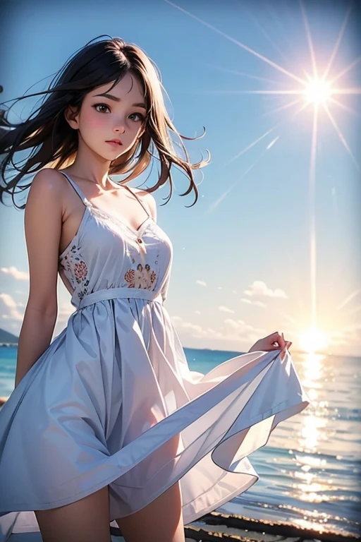 Young woman looking at the Caribbean Sea from café terrace in Puerto Rico, a miniskirt, camisole, Eyes are green, Wheat-toned skin