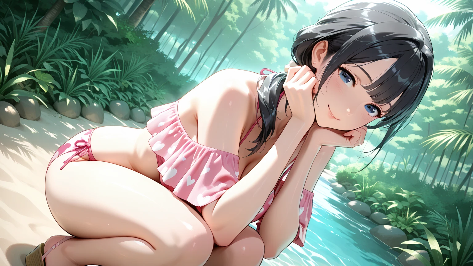 (masterpiece), highest quality, blue eyes, bright black hair,medium hair、expressive eyes, Moonlight night,Cherry blossoms at night、Cherry blossom confetti、mysterious sight , highlight, dramatic lights, earrings、smiling expression、((small breasts))、from side,full body