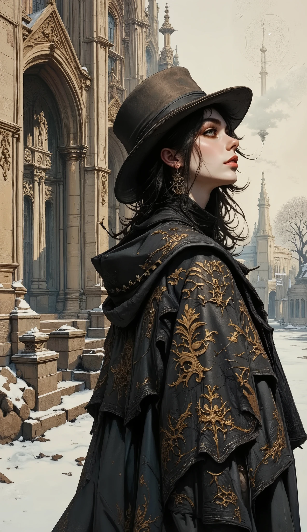 illustration, Beauty, comic book style, gothic style, nightmare, myths, aidmaMJ6.1, the play of shadows and light, A cinematic close-up shot of a female character dressed in an exquisite intricate costume. Costume in the style of Gothic fantasy on the background of a frozen landscape. The painting depicts a female figure with dark, beautiful hair in a half-turn, dressed in a dark coat with a high collar, decorated with intricate details. Her figure is partially hidden in the shadows, but her bright, radiant face, turned in profile, stands out against the gloomy Gothic palette. The woman is wearing a large, worn, wide-brimmed top hat, giving her a mysterious appearance. Long dark hair cascades down, intertwining with tentacle-like appendages that peek out from under the hat, creating a surreal and creepy effect.Large vertical Gothic columns, naves and arches are depicted in the background. The background of the Gothic architecture is textured, which enhances the vintage and attractive atmosphere of the image.Soft diffused lighting creates a gentle glow that highlights texture and details