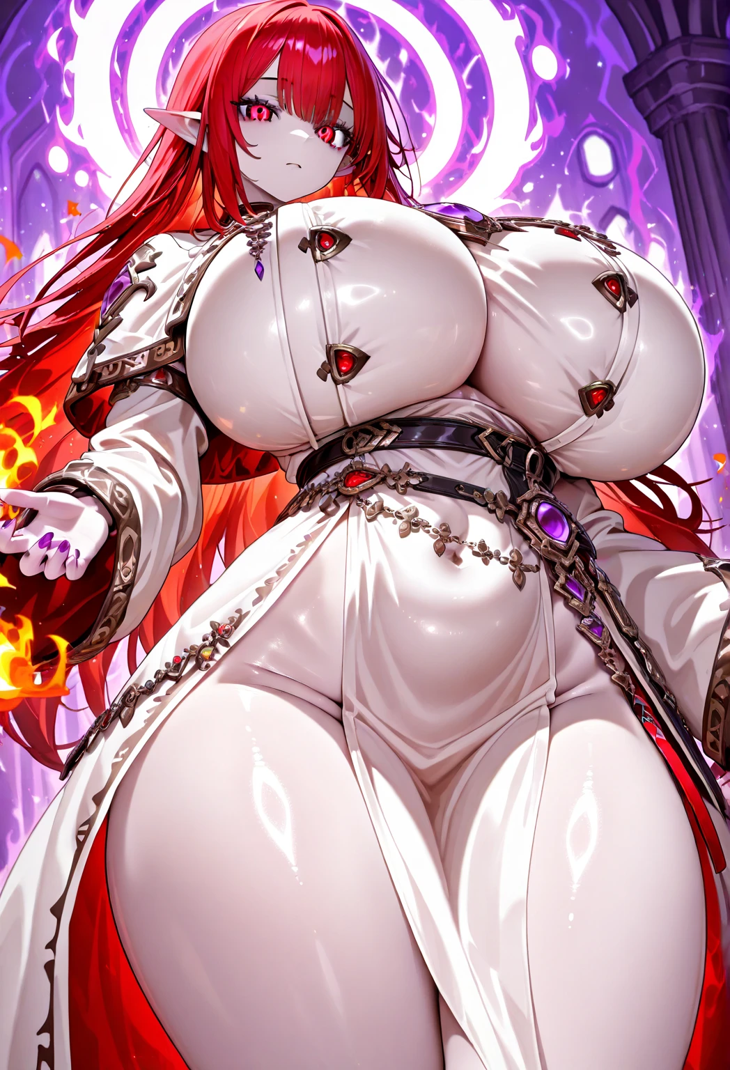 funger, very detailed illustration, mature woman, ((gigantic breasts)), ((bursting cleavage)), highres, high quality, masterpiece, looking at viewer, (silver knight), orange long hair, bang, side locks, hair tubes, absurdres, ultra-detailed, short hair, full body, wide hips, thick thighs, huge ass