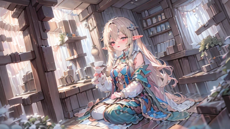 (absurdres, highres, ultra detailed, HDR), masterpiece, best quality, legend of mana character, heroine, detailed face, beautiful face with decorative sticks on hair, seraphina brewing something at the cauldron inside home, detailed character, detailed indoor, detailed home, night time