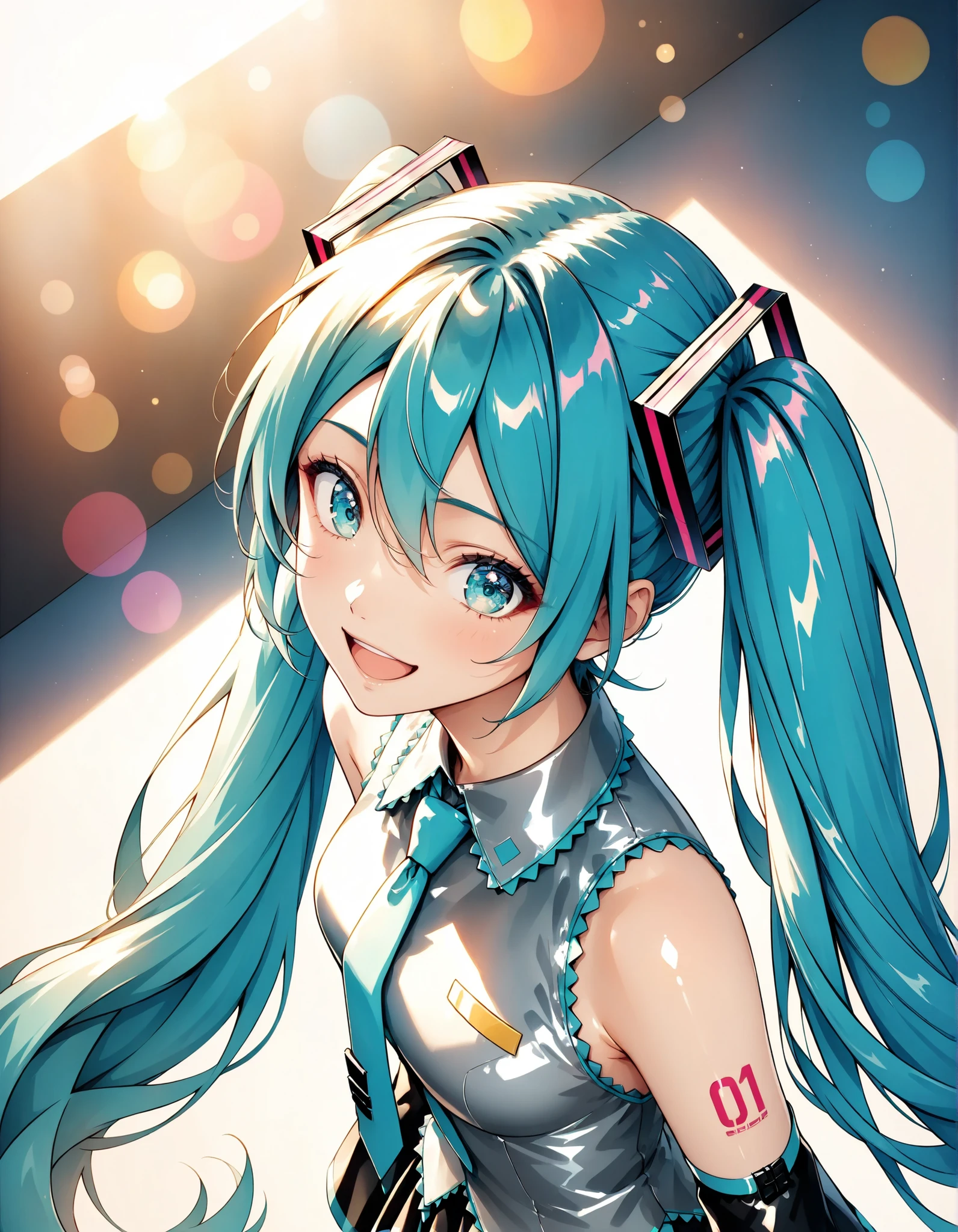 high quality beautiful woman, Hatsune Miku, turquoise hair and eyes, upper body slouched, from above, Laughter, close one eye, Hatsune Mikuコスチューム, sleeveless silver shirt, a black pleated skirt, Breaking Up Black Sleeves, live stage with frills, shiny texture, warm lighting, Portrait, anime style, 4K detail, professional, vivid colors, Bokeh.