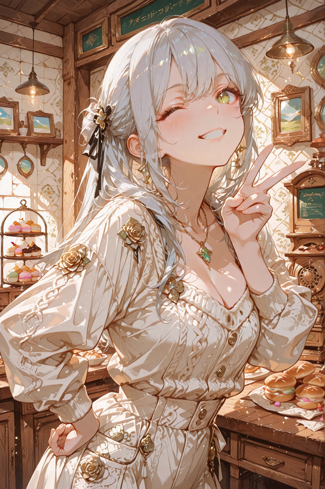 masterpiece, anime artwork, score_9_up, score_8_up, flat anime style, 1girl, 20 years old, delicate Japanese facial features, soft angular jawline, small refined nose, naturally arched eyebrows, large expressive violet eyes with intricate kaleidoscopic iris patterns, one eye winking playfully with detailed eyelashes, other eye with crystalline pupils and sparkling highlights, long natural eyelashes with individual definition BREAK (silver hair:1.3), silky smooth ponytail with individual strand definition, hair tied with decorative ribbon featuring floral patterns, side-swept bangs framing face, glossy surface reflecting light BREAK porcelain-smooth skin with subtle translucency, natural healthy glow, realistic skin texture, cheerful smile with visible teeth, rosy cheeks with natural blush BREAK pink cotton sweater with intricate cable knit patterns and pearl buttons, fabric hugging curves, revealing subtle cleavage, white denim mini skirt with detailed stitching and metal rivets, black translucent stockings with delicate rose patterns BREAK from an angle, upper body shot, playful pose with one hand making peace sign, other hand on hip, energetic body language BREAK bright bakery interior, warm lighting from pendant lamps, display cases filled with detailed pastries and cakes, ornate tile work with floral motifs, wooden shelves lined with bread loaves, vintage cash register with brass details, flour dust particles in air, colorful macarons arranged in precise rows, atmospheric depth with soft focus background