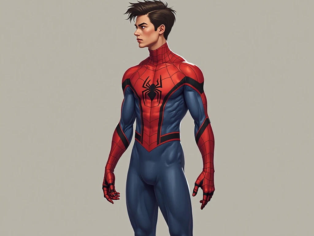 (obra-prima, melhor qualidade:1.2), solo, foco masculino, 1boy, no expression, olhando para o espectador, agachamento, long hair up to the waist, (cabelo estriado:1.1), olhos vermelhos, traje de aranha, spider web print, teia de aranha, telhado