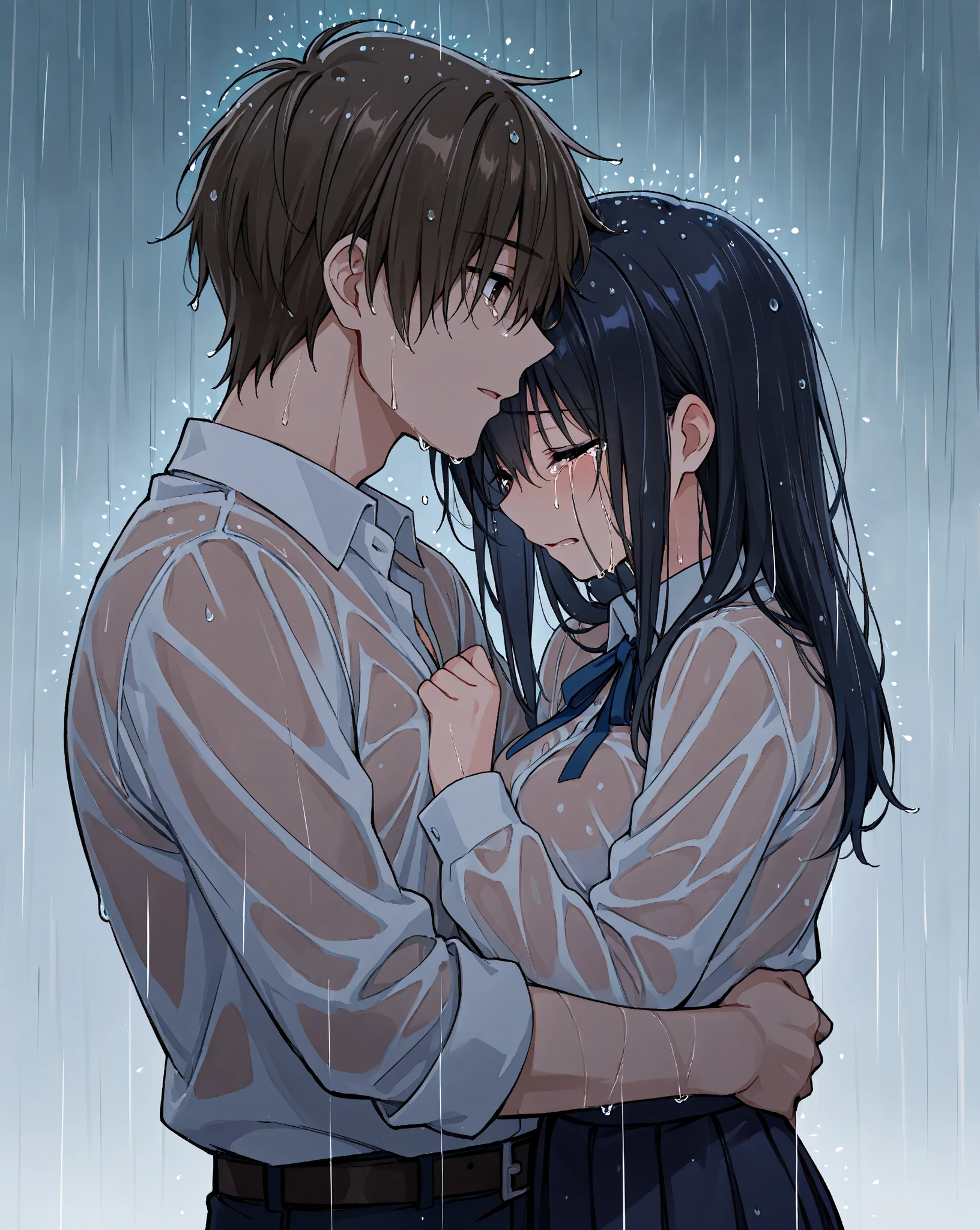 a boy and a girl in embrace on a bed, crying hugging scene,rain visible through a window, detailed anime style characters, sad, rainy window,8k, masterpiece, dramatic lighting