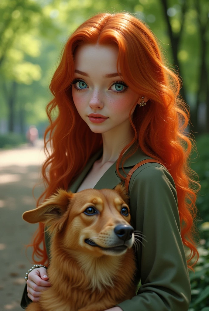 beautiful redhead model, blue eyes, maximum realism, maximum natural, walking the dog in central park