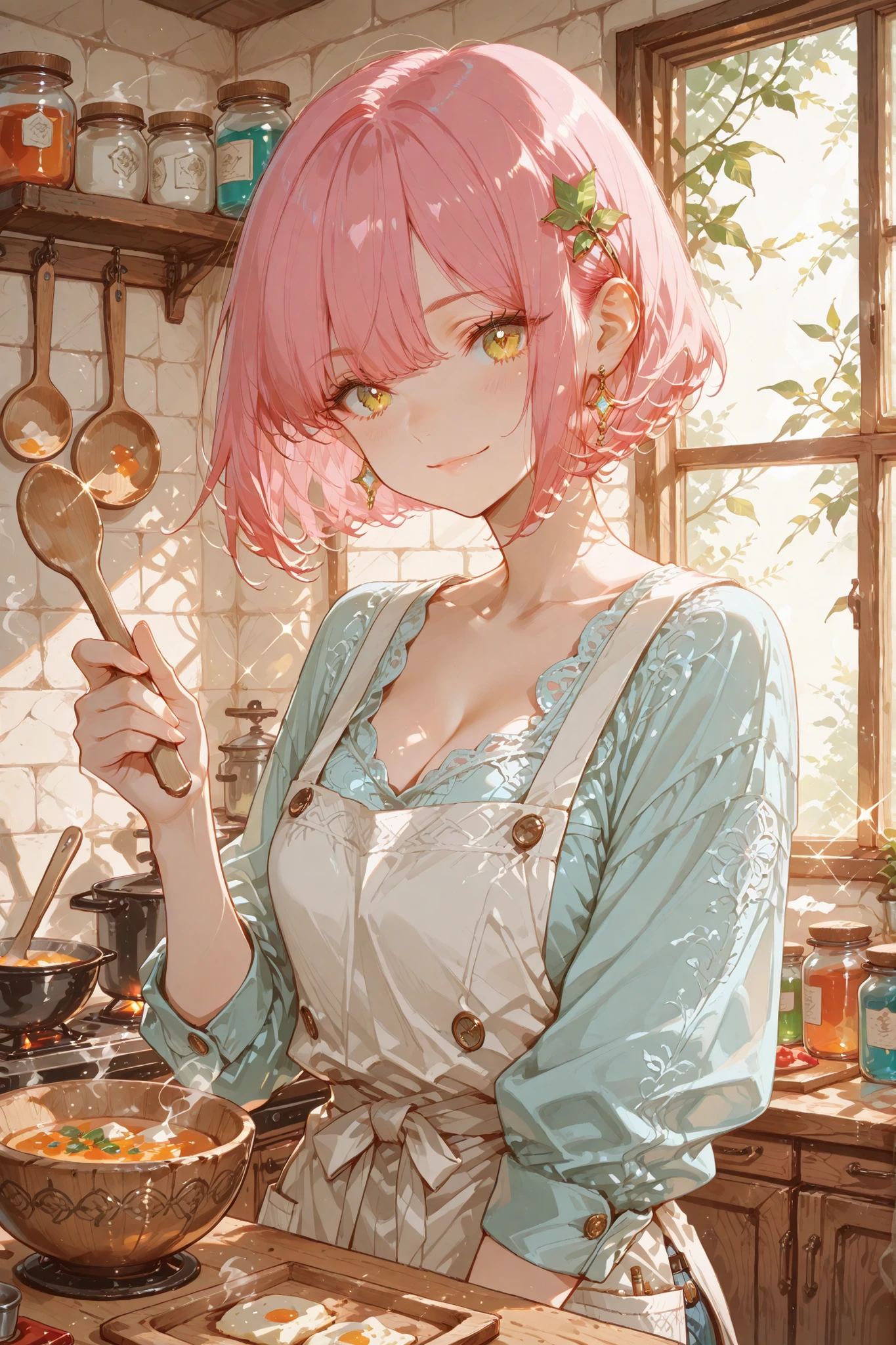 masterpiece, anime artwork, score_9_up, score_8_up, flat anime style, 1girl, 20 years old, delicate Japanese facial features, soft angular jawline, high cheekbones, small refined nose, naturally arched eyebrows, large expressive golden eyes with intricate mandala-like iris patterns, detailed pupils with crystalline clarity, sparkling highlights creating kaleidoscopic reflections, long natural eyelashes BREAK (pink hair:1.3), silky smooth bob cut with individual strand definition, perfectly styled with subtle layers, detailed hair texture with natural shine, glossy surface reflecting morning light BREAK porcelain-smooth skin with subtle translucency, natural healthy glow, realistic skin texture, gentle smile with soft lip curvature, natural rosy cheeks BREAK white chef's apron with intricate embroidered patterns over light blue blouse, fabric revealing modest cleavage, navy blue shorts with detailed pockets and buttons, black translucent stockings with subtle diamond patterns BREAK from an angle, upper body shot, cooking pose with one hand holding wooden spoon, other hand adding ingredients to ornate ceramic bowl BREAK modern kitchen interior, natural morning light streaming through large windows, detailed marble countertops with visible veining, copper pots with reflective surfaces, hanging herbs with individual leaf detail, vintage cutting boards with wood grain patterns, colorful spice jars with handwritten labels, steam rising from cooking pots, warm atmospheric lighting
