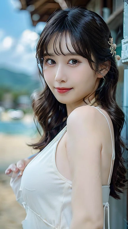 (Ultra Realistic), (Illustration), (Increased Resolution), (8K), (Extremely Detailed), (Best Illustration), (Beautiful and Detailed Eyes), (Best Quality), (Ultra Detailed), (Masterpiece ), ( wallpaper), (detailed face), solo, 1 girl, fine details, detailed face, deep shadows, low key, pureerosfaceace_v1, smiling, long hair, 46 points oblique bangs,full of sweat, slender body, Plump chest, long hair,inner colored,solo,Girl in simple bikini, smile, ocean at night, moon