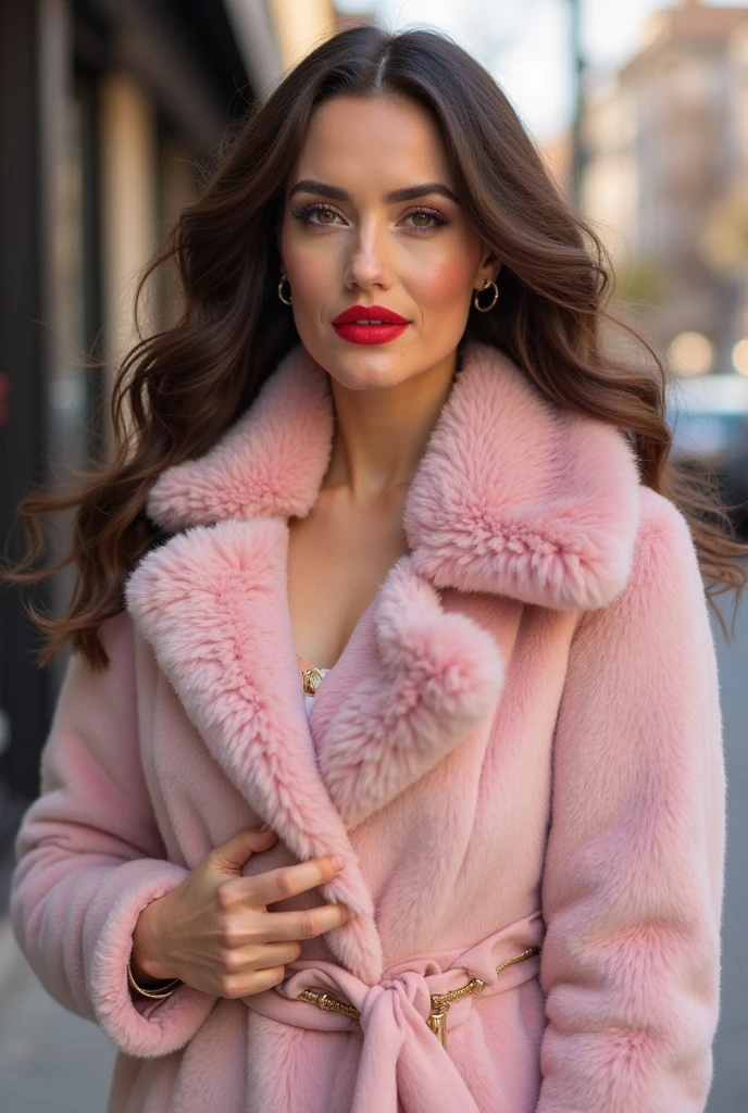 Jacqueline MacInnes Wood dressed in sexy sheepskin clothing with lipstick and smiling
