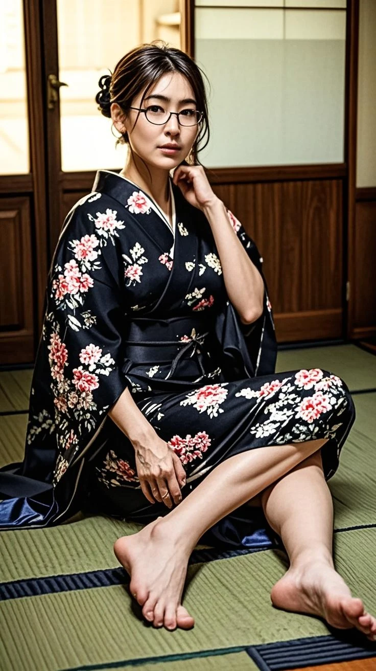 ((Highest quality)), ((masterpiece)), (detailed), Perfect face masutepiece, Best Quality, Illustration, Ultra-detailed, finely detail, hight resolution, 8K Wallpaper, Perfect dynamic composition, Beautiful detailed eyes, Natural color lip, Bold sexy poses, 20 years girl, Cute, Sexy shot looking at camera、wide angle, kimono,hair bun　 ,full BODY