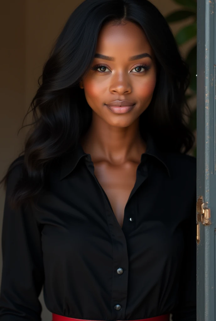 (((masterpiece))), African Melanie, brown skin, 1girl, long hair, looking at viewer, shirt, black hair, long sleeves, upper body, black shirt