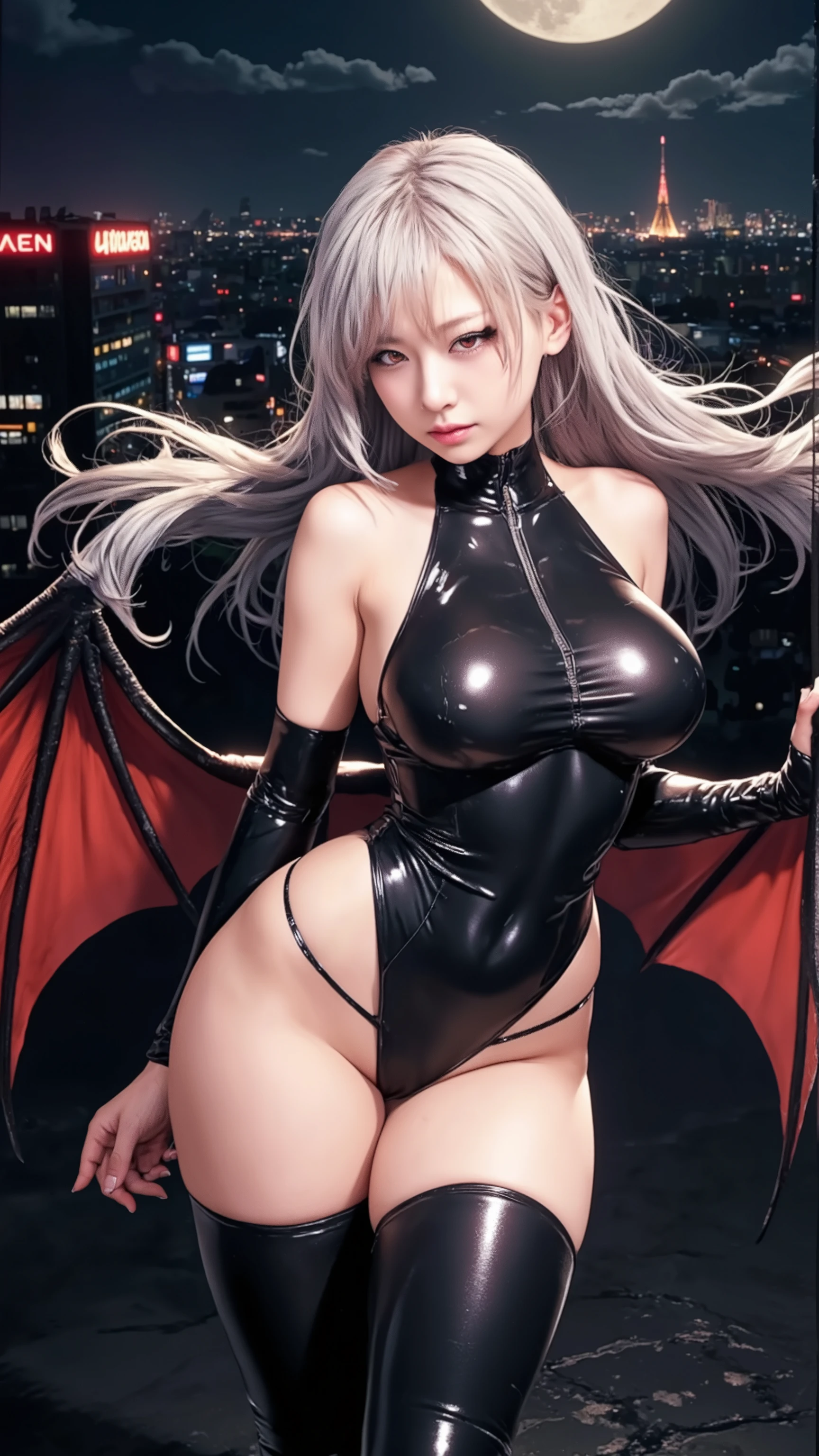 masterpiece,highest quality,(Beauty),Silver Hair,bangs,nurse cap,Big Breasts,(Brown Skin),Sunburn,(Black Bondage),(Devil Nurse),(Hands up),(Bat wings on shoulders),(Spread your legs:1.2),Cemetery at night,