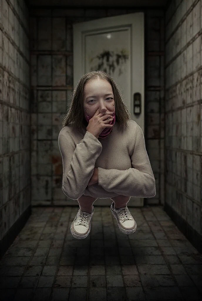 (((nude))), couloir abandonée et délabré, un doudou dans les mains, éffrayé
