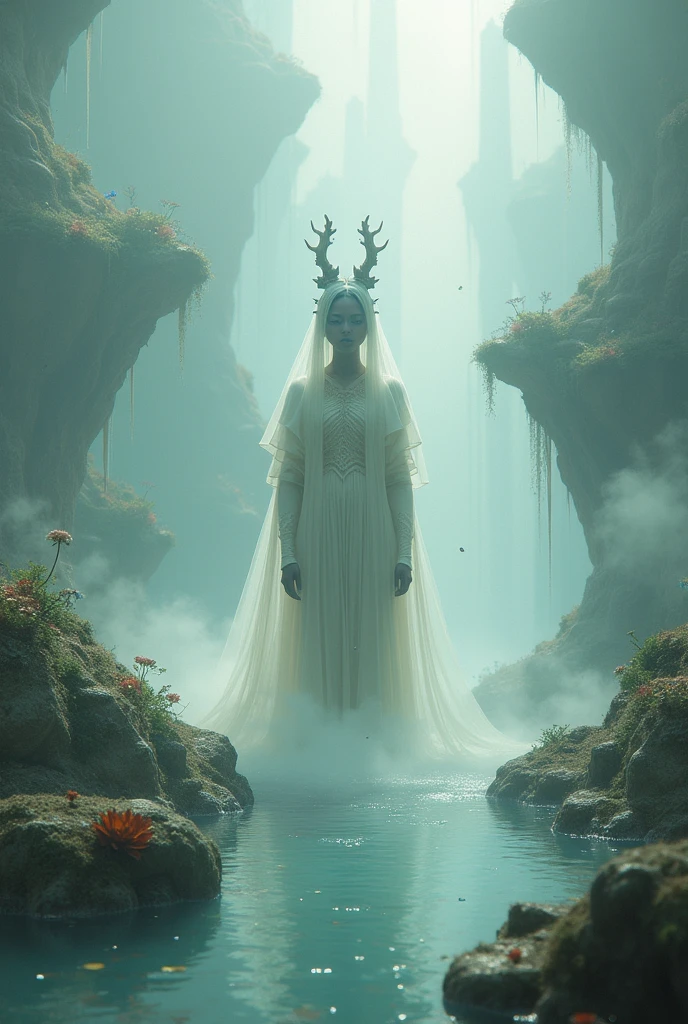 An ethereal scene capturing the Arabian bald jin who has horn, vanishing into swirling mist and light, leaving behind a sense of magic and fulfillment.Here are flower garden and lots of people and some Fruits tree
