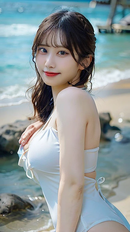 woman wearing white bikini, Giovanni Boldini(Giovanni Boldini), Korean beauty in evening gown, official artwork, still promotion, official art, Photo shoot, promotional photo, Aya Takano Color Style, Chiho, Promotional art, promo shot, colorful photos, posing on the beach, Photo shoot, best artist, Portrait of Korean people in their 20s, random pose,