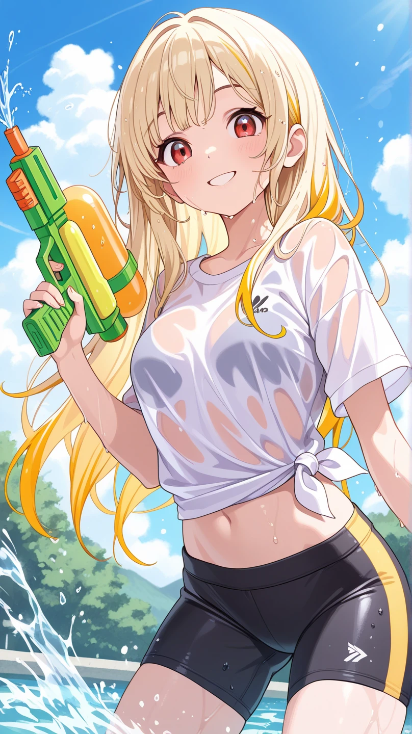 (1girl), (blonde hair), (aqua eyes), (breast), (white shirt), (denim shorts), (hair bow), (stomach), (water gun), (lake), (looking at viewer), (from side)