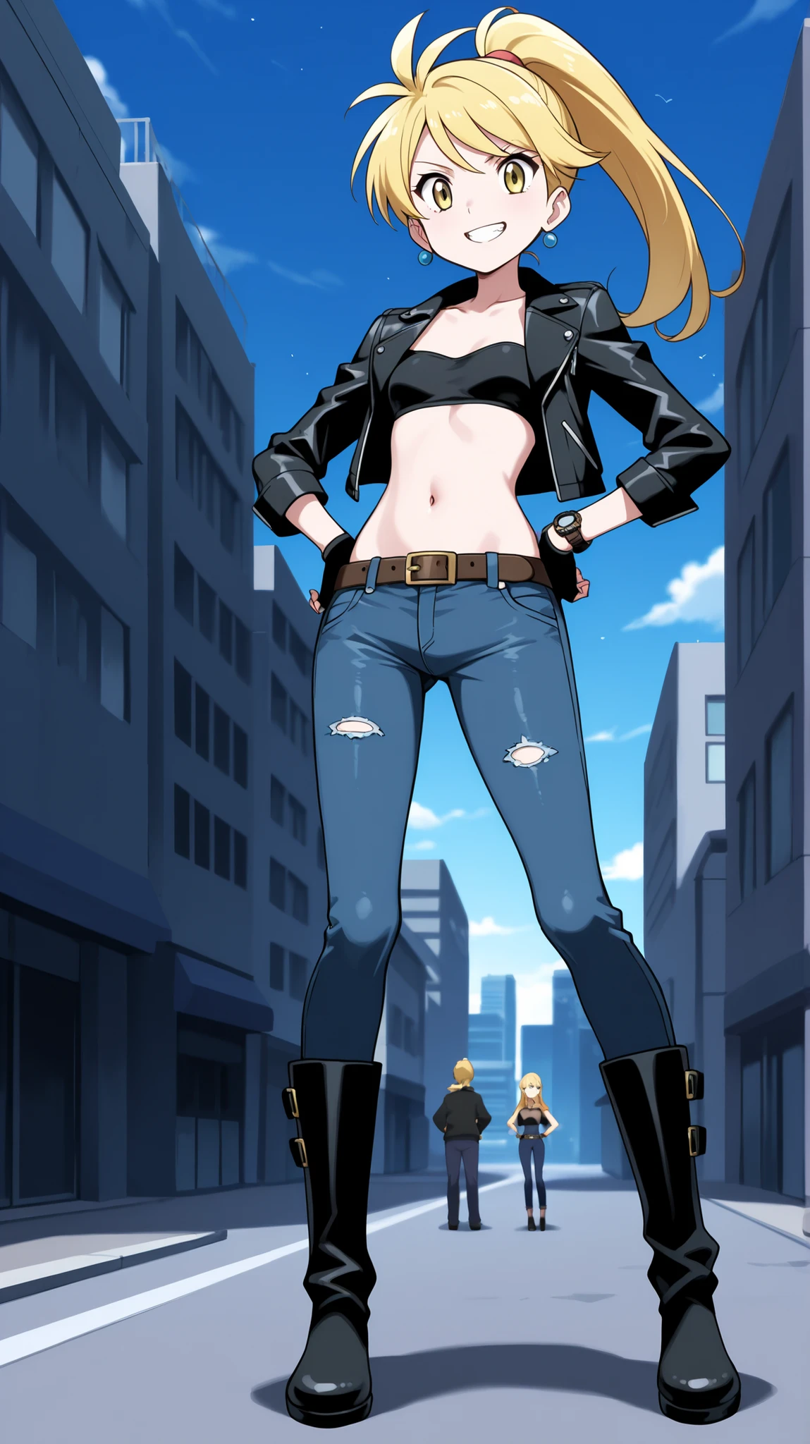 adult older sister, Tall, handgun, left hands on hips, black leather jacket, black strapless bra, Belly button, black asymmetrical jeans, belt, black long boots, black fingerless gloves, ((top quality)), ((masterpiece)), ((details)), stands in the middle of the night, 1girl, two legs, two arms, Blonde hair color, ponytail, long hair, yellow eyes, small tits, Anime塗り絵, 1 woman, Age 18, A determined smile, teeth, Watch Viewers, sexy design character, slim sexy body that can be licked by mobs, blue earrings, Three idiot hairs , with bangs, Full Body, City, Sidewalk, (\Pokémon\), score_9 , score_8_up , score_7_up , score_6_up , score_5_up , score_4_up , BREAK source_Anime , Anime screencap , Yellow XL ,