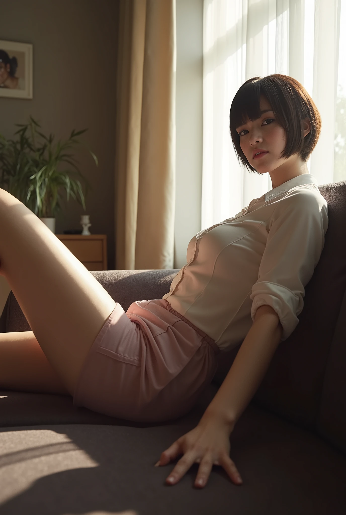 ((office)), masterpiece, 4k, sexy secretary mazinger, (small natural breasts of a robot), (tube skirt, light pink skirt , waist length skirt ), (white blouse), (big butt), (big breast), (thick legs, thick thighs, short legs), ((shot from below, rear zoom)), (((lying on sofa, asleep on sofa, resting on the edge of the sofa, ((of the back)), knees resting on the floor, ((Legs spread at 180 degrees)))))