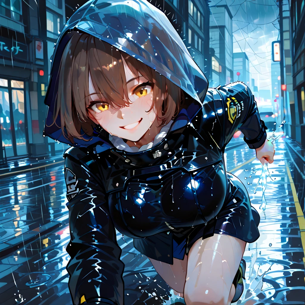 A woman wearing a raincoat, leather coat, hood, brown hair, hair sticky with water, water running down her face, perfect light effect, dark place, rain, storm, in a big city, empty street, place with lots of water drops falling, bloom effect, HDR, , yellow eyes, short hair, smiling, running, close view of the woman. (Azur_lane, Baltimore.)
