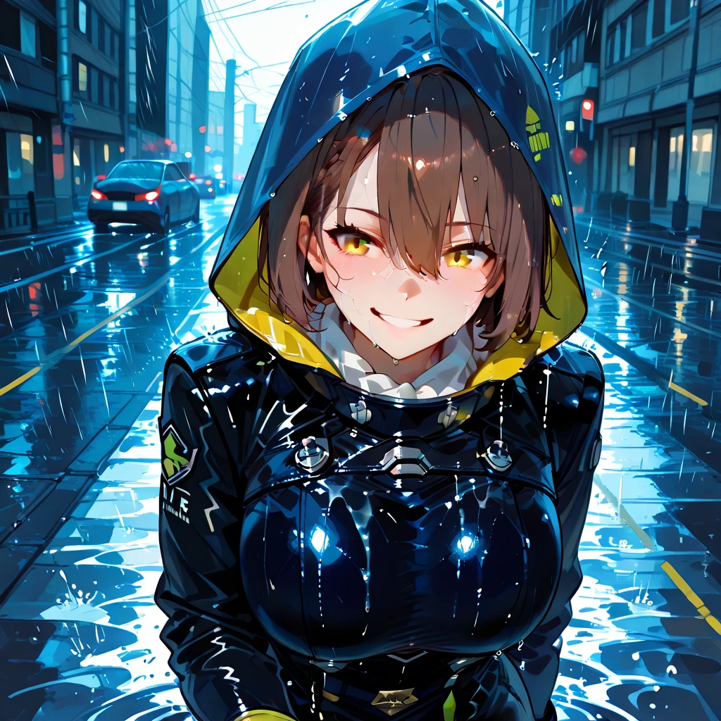 A woman wearing a raincoat, leather coat, hood, brown hair, hair sticky with water, water running down her face, perfect light effect, dark place, rain, storm, in a big city, empty street, place with lots of water drops falling, bloom effect, HDR, , yellow eyes, short hair, smiling, running, close view of the woman. (Azur_lane, Baltimore.)
