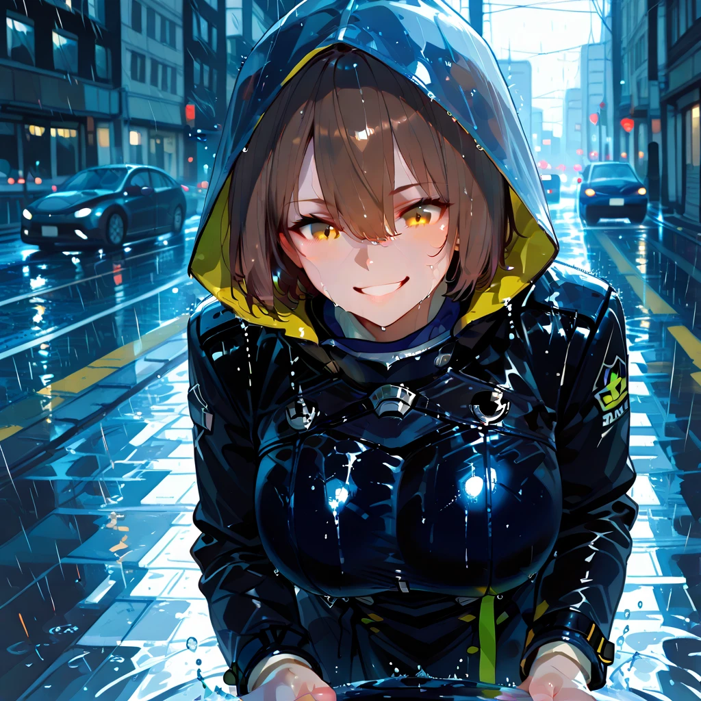 A woman wearing a raincoat, leather coat, hood, brown hair, hair sticky with water, water running down her face, perfect light effect, dark place, rain, storm, in a big city, empty street, place with lots of water drops falling, bloom effect, HDR, , yellow eyes, short hair, smiling, running, close view of the woman. (Azur_lane, Baltimore.)
