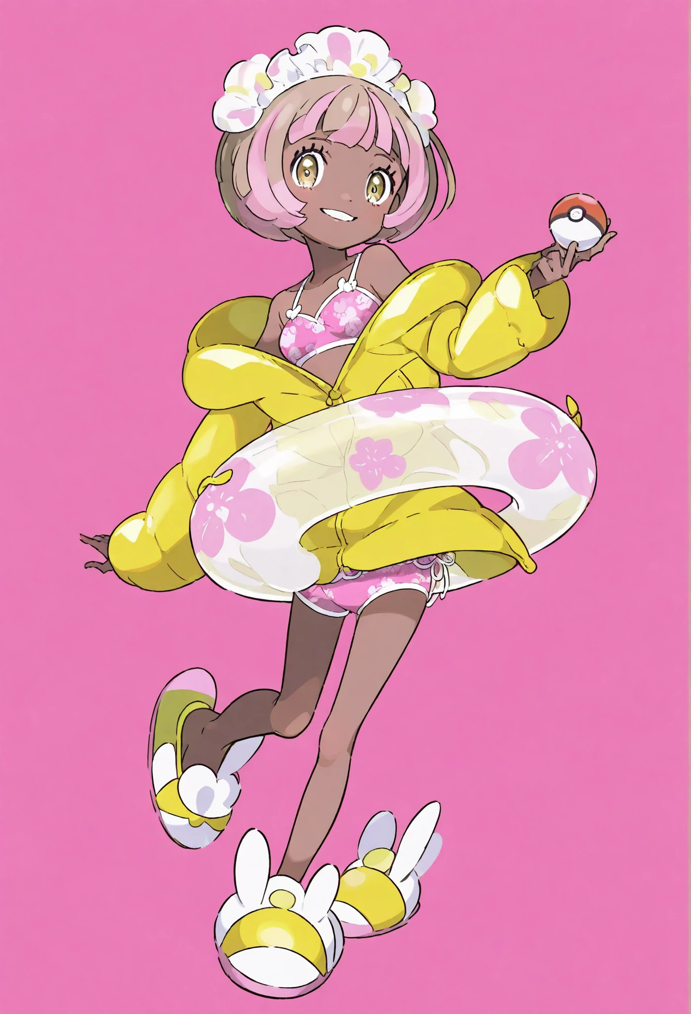 ung girl ,Pink Short Hair,golden eyes of white characters, Pokémon style,cute,pink bikini,sporty style golden jacket,rabbit pattern on clothes,Full Body,solid color background,Smile,Poke ball ,slippers,Swimming ring,Big white streamer headdress,light brown skin