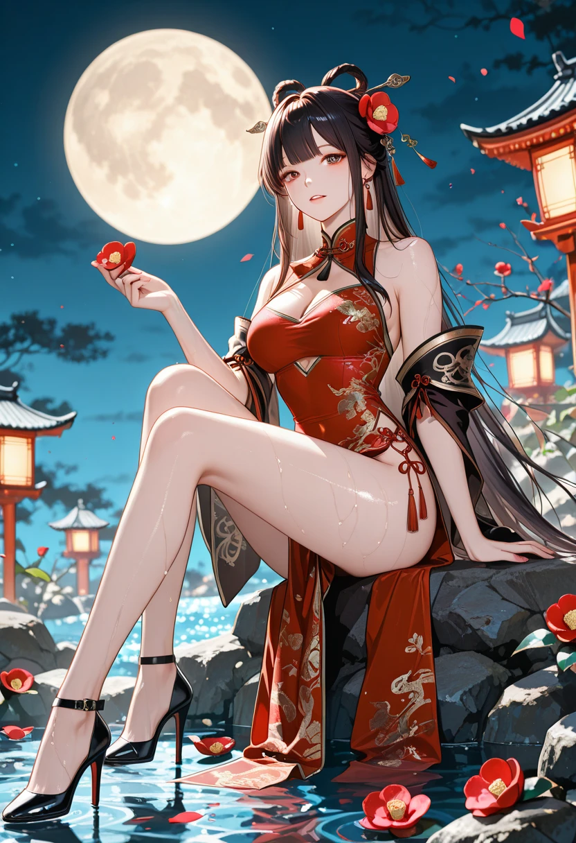 There are ghost horns on the head，Petite stature，loli，Small Breasts，Japanese kimono showing breasts and legs，breast stickers，In Japanese garden，drink wine，sex，beauty