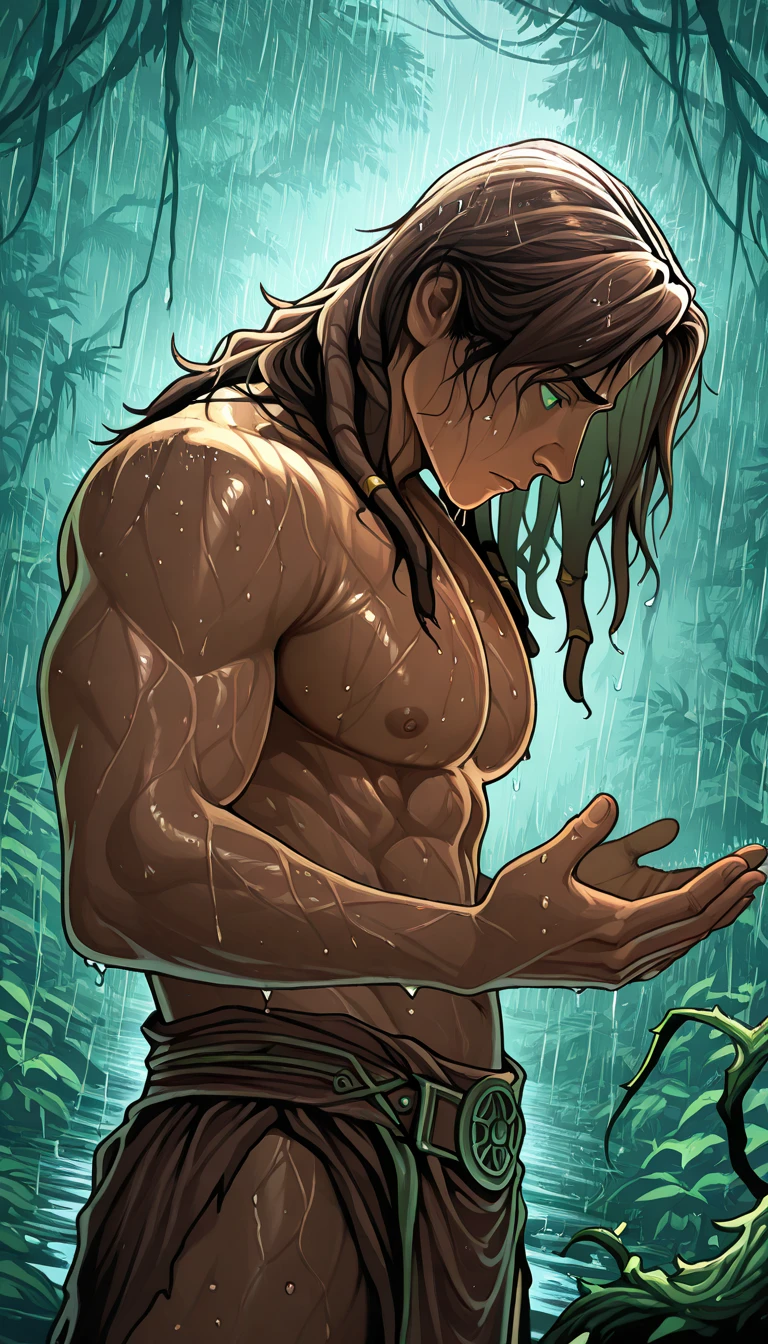 A 46-year-old middle-aged man bathing in water、Completely naked、Short Hair、beard、buzzcut、Masculine、Dark and mysterious atmosphere at night、Flame Light