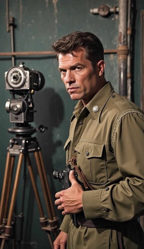 Photographer and writer of the second world war, English man, 40 years old, cadet clothes, camera in hand, perfect hand, hand with 5 fingers, enthusiastic look, dirty uniform, cinematography, realistic, 8k. --auto --s2