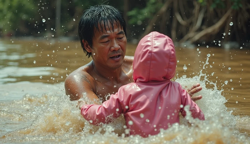 A angry man throwing her crying baby in water surrounded by crocodile
