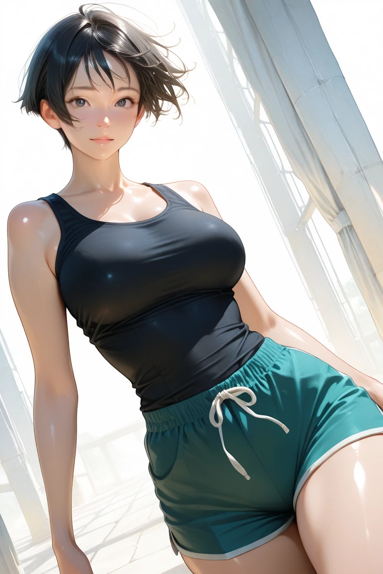 Jill Valentine、resident evil、Brown Hair、Short Hair、((pantyhose))、Photo from below、Medium chest、Bedroom、Swimsuit、((school uniform))、