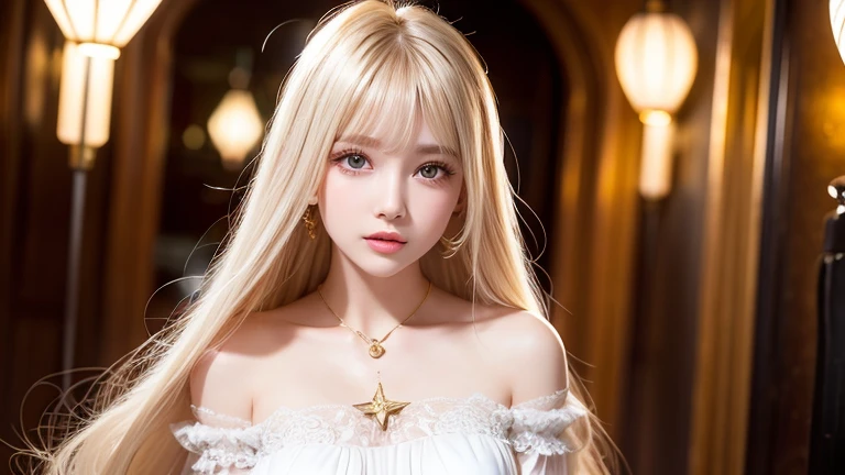 Highest quality、8kの傑作、Ultra-high resolution、(Realistic:1.3)、RAW Photos、Beautiful Scandinavian angel with shiny blonde hair、Silvery blonde hair、Super long straight hair、Bangs between the eyes、Hair above the eyes、片Hair above the eyes、Hair between the eyes、White and glowing skin、1. Cyberpunk Super Beautiful Angel、((Ultra-Realistic Details))、Portraiture、Global Illumination、Shadow Realm、Octane Rendering、8k、Ultra Sharp、Small breasts、Metal、Cool colors、、Very intricate details、Realistic Light、Trends of the CG Association、so beautiful, Big Wings、Angel Halo、Eyes shining at the camera、Neon Details、Small Face Beauty、Round face、Cheek highlight