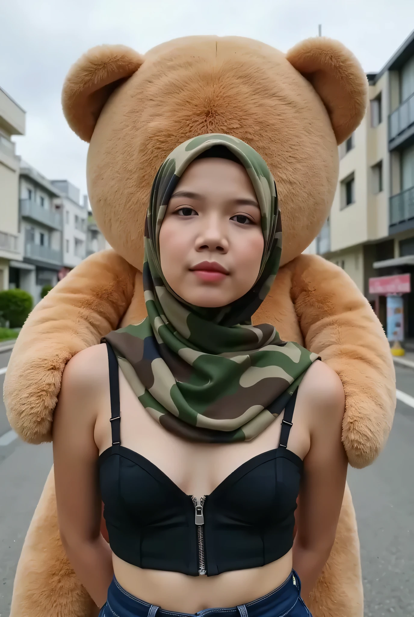 SMALL 😎 MALAY SCARF HIJAB GIRL WEARING camouflage print PLAIN STRAPLESS CORSET AND MINI PLAIN PANTIES , (realistic, photo-realistic:1.4), ((Flat Chest)), ((TEARS)). KEDUA BELAH TANGAN DILETAK DIBELAKANG PUNGGUNG', background Di tengah Kota Yang sepi Di negara jepun, TEDDY BEAR SANGAT BESAR MEMELUK SAYA DARI ARAH BELAKANG
