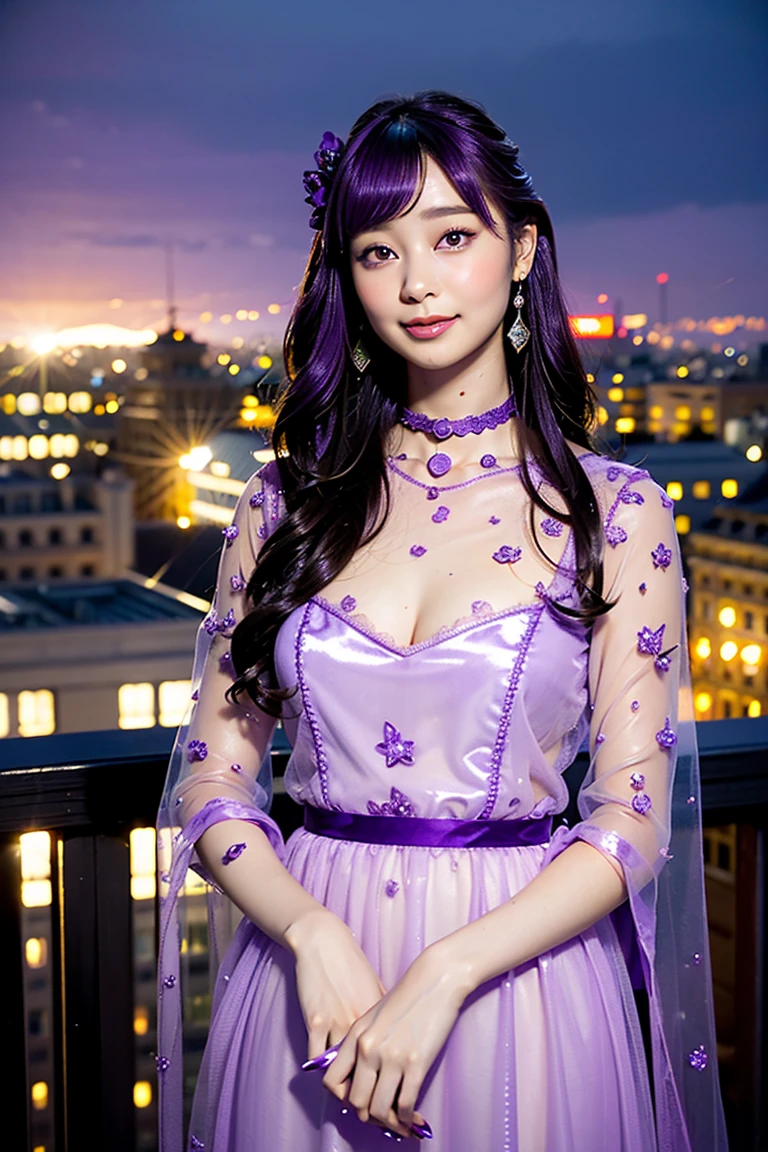 (realistic:1.3), finely detailed, quality, rembrandt lighting, (masterpiece:1.2), (photorealistic:1.2), (best quality), (detailed skin:1.3), (intricate details), dramatic, ray tracing, 1girl, japanese girl, 21 years old, detailed skin texture, (blush:0.5), (goosebumps:0.5), subsurface scattering, smiling, medium breasts, long hair curls, bangs, hair between eyes, hair ornament, (purple crystalline dress:1.2), corset, lace sleeves, cowboy shot, (night sky, outdoors, skyscraper rooftop, city lights far below), <lora:crystalline_dress-1.0:1>