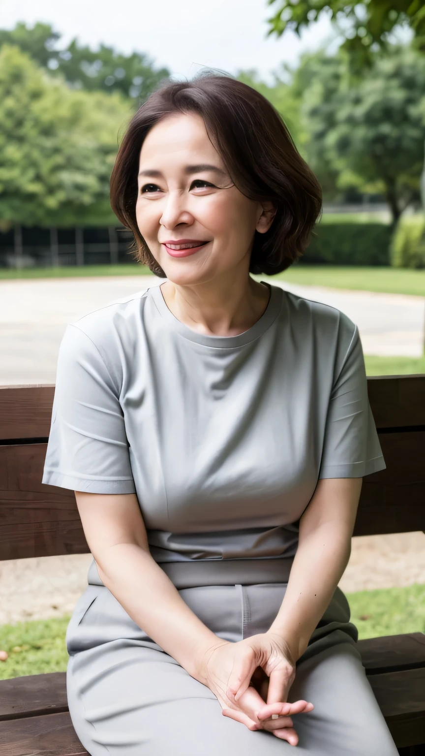 8k wallpaper, masterpiece, best quality, Very detailed, A mature woman, 50 years old, Become very clear, Wearing a short-sleeved shirt, Skin Dimples, Charming smile, Looking at the audience, , full, Curvy beauty, Charming face, Smile with teeth bared, wrinkles around the eyes, Sitting on a park bench, Background blur