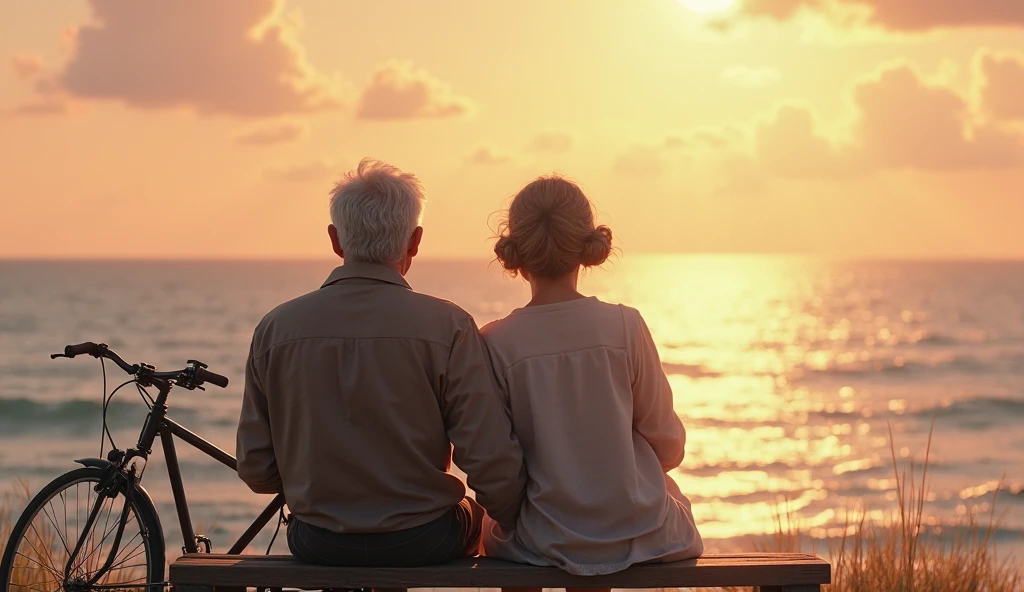 (Two slightly fat white-haired elderly people)，Back on the bench，Leaning together，(looking at the sunset)，(peaceful), Sky，Cartoon,