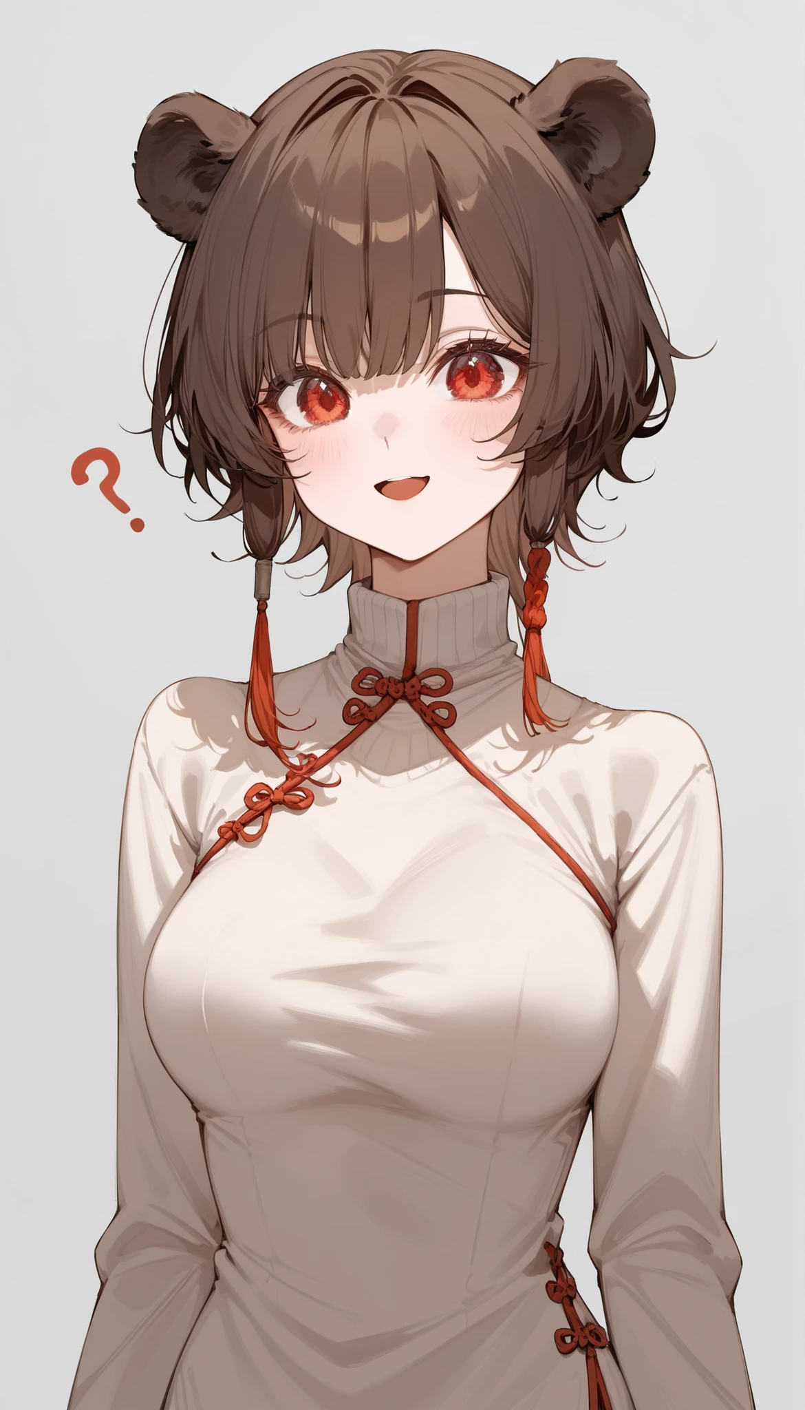 Bear Girl,brown hair,in red eyes,Big Boobs, white Chinese dress,Long Sleeveสีแดง,milf,cute, big ears ,Confused,slim,Neck rope, faded hair ,gray background,Puffed Sleeve Sweater,puffed trousers, upper body shape,smile,Open your mouth,shirtless, death lock hair,cute,Long Sleeve,Turtleneck Chinese Shirt,