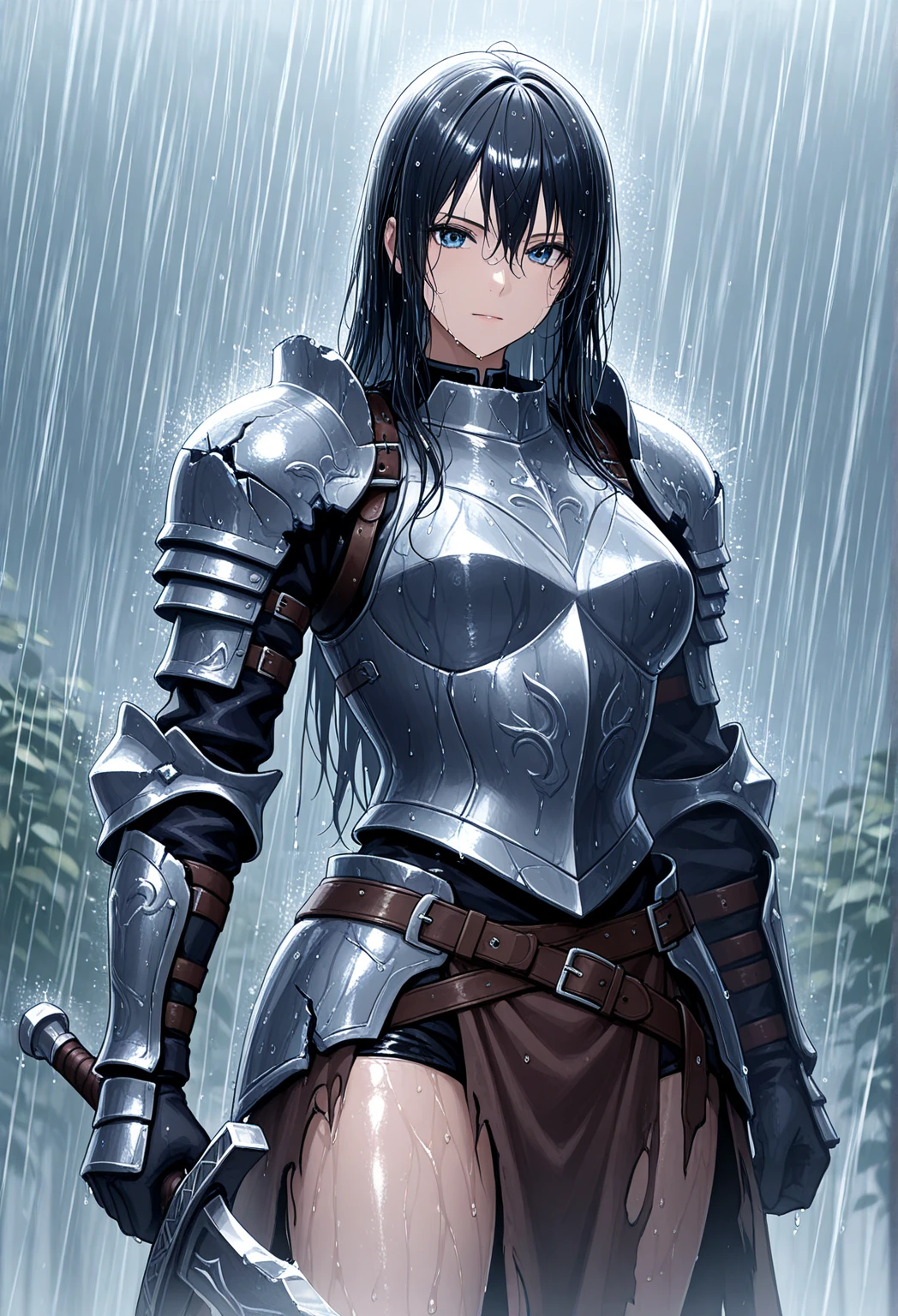 A girl, kneeling in the floor, wearing a shattered breastplate, shattered waistplate, in tears, sad, dramatic scene, tears flowing in the face, garden, roses, rain, ultra detailed face