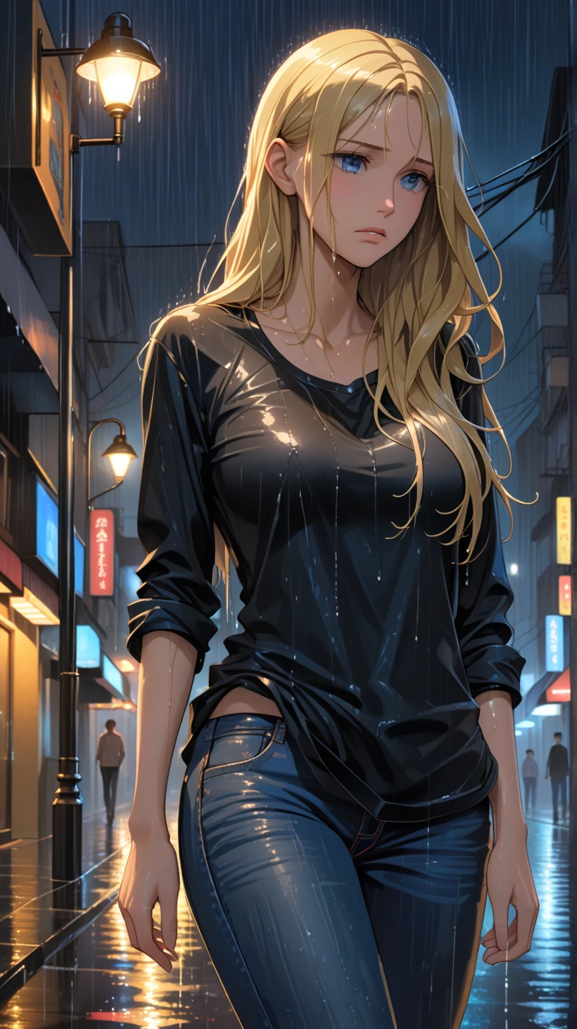 woman,,,city,night,(((white and blue tight miniskirt bodysuit))),,open mouth smile((leather thigh high boots))(See-through),(()),((blonde)),blush、surprised face,((())),((turn around and look back))(wet with sweat)Reflecting the buttocks