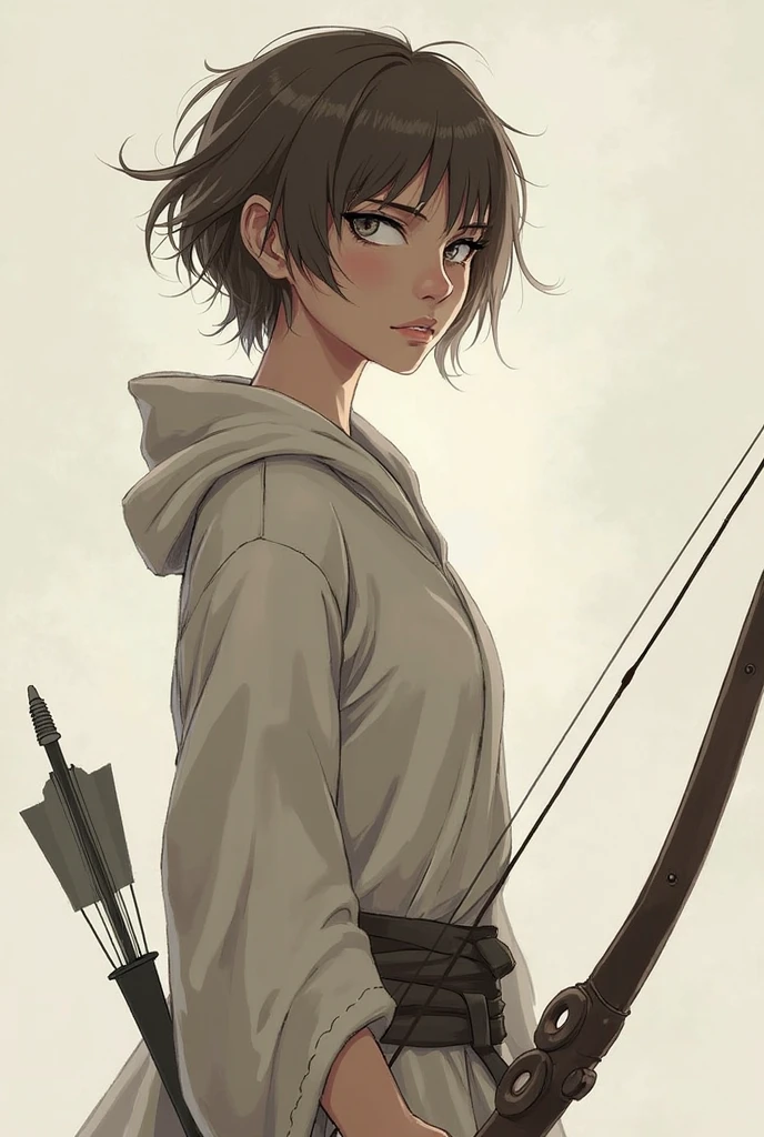 A girl; short brown hair; gray eyes; sad look; simple robe; whole body; fighting pose; bow and arrow