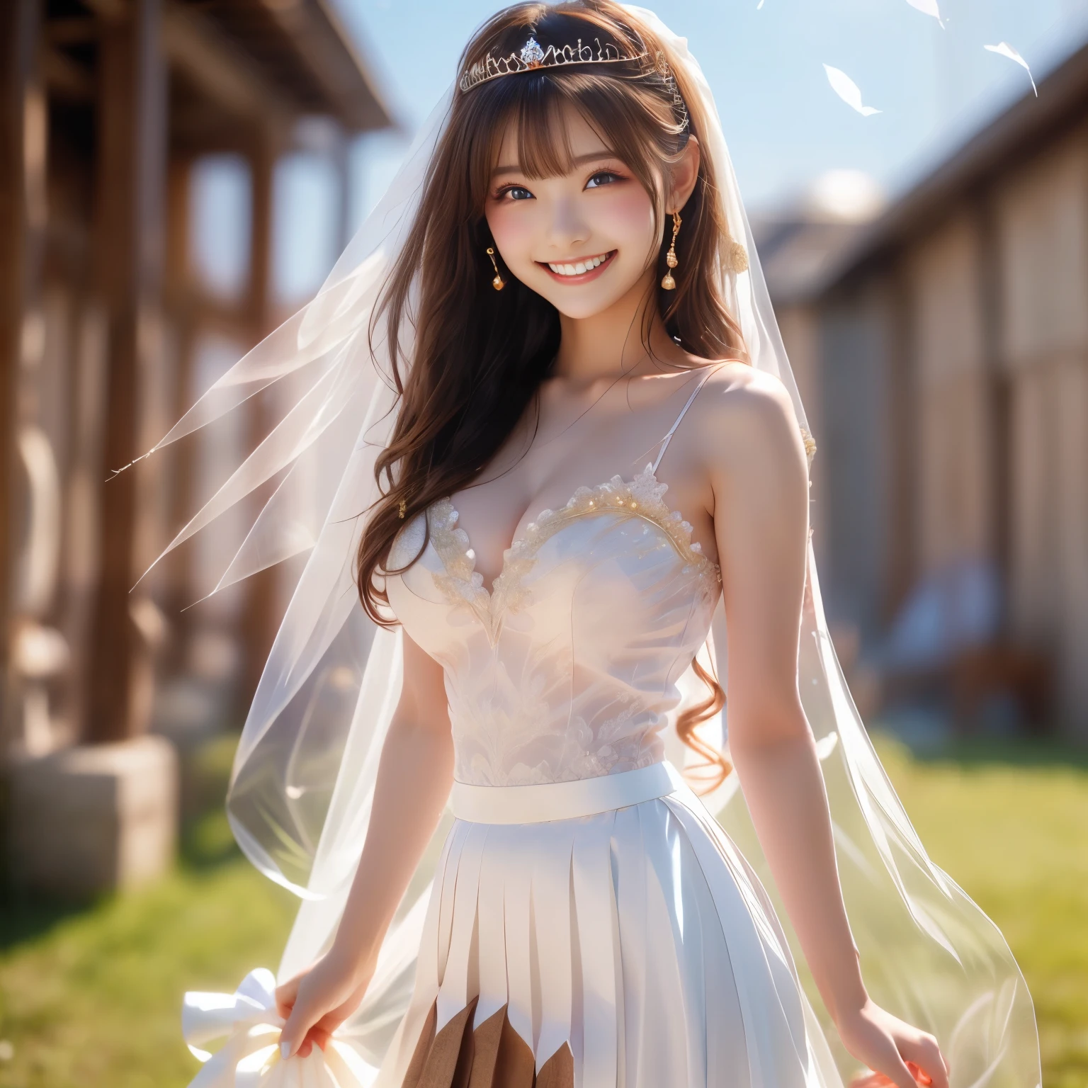 (masterpiece,best quality: 1.4),(8k,raw photo,photo realistic:1.2),shiny skin, detailed skin,detailed face,detailed eyes,Japanese idol,beautiful face, Wide meadows, beautiful mountains, one beautiful girl, beautiful Japanese woman, well-shaped face, (large breasts), beautiful legs, petite,(cute pose), (long, brown, wavy hair: 1.2), (pretty smile: 1.4), (wedding dress, tiara, translucent veil,white pantyhose: 1.3), (wind blowing through hair and skirt is flowing in the wind:1.4),