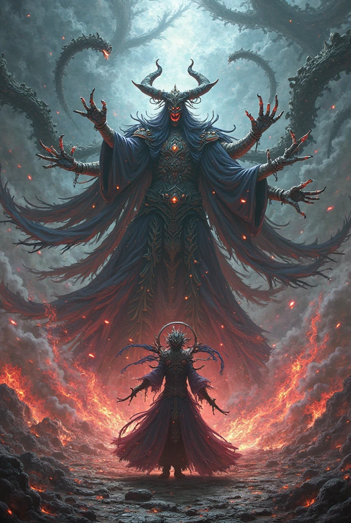 Drawing art, vector image for t-shirt design, image full of borders, From the deepest abyss he emerged, the ruler of darkness, the maker of trouble and the war of the end of time, Cthulhu Parade in deep red. slaves submit to mass hypnosis, A festival where madness and beauty merge, flashes of light and flames soaring and turbulent, Mad people revel in a rush of ecstasy. Oh witches of the deep, In pursuit of our so pitiful desires, We embarked on a path of madness and despair, Guided by the students we decorate. On the great road, strange shapes strode, Where terror and beauty are intertwined. In the realm between dreams and nightmares, We surrender ourselves to the temple of euphoria. Praise his name, great witchess of darkness, King of the dark, source of madness In this stage of the eternal procession, We celebrate the coming of a world catastrophe.