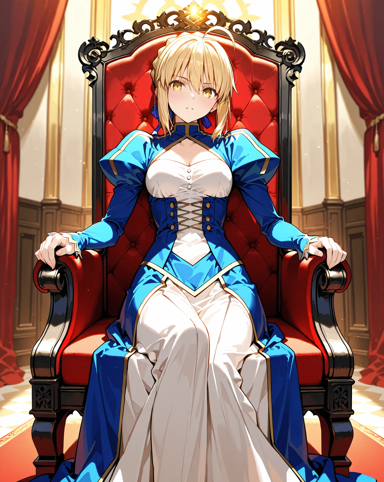 Cammy, elegant adult female, blonde, green eyes, (yellow eyelashes), crown, turtleneck, cleavage cutout, sleeveless, blue leotard, elbow gloves, gauntlets, blue thigh, elegantly (sit on throne), throne room, close-up protrait, high resolution, extremely detail 8k cg, yellow bikini (yellow tiger stripes)