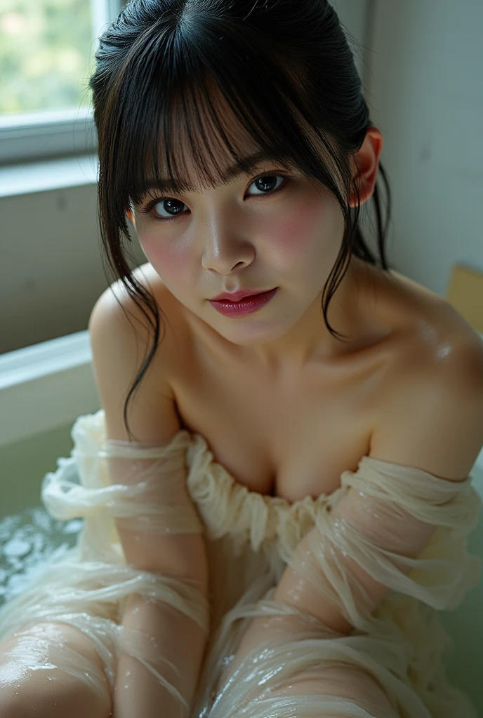 table top, highest quality, figure, Super detailed, finely, High resolution, 8k wallpaper, Perfect dynamic composition, a young asian idols woman, detailed and beautiful eyes, Natural lip color, small breasts, shortcut、 (Wearing a queen korean dress)、clear white skin、super realistic photos、beautiful face、 (wet by venom on body)、bathroom、See-through、on the bath up、Angle from above、((close your eyes:1.4))、((chubby:1.2))、((wear a police mech:1.1))