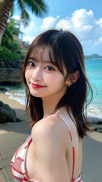 highest quality, shape, Very detailed, finely, High resolution, 8k wallpaper, Perfect dynamic shape, Beautiful and detailed, Summer clothes,Medium Hair,Natural color lip,smile,20-year-old girl、Midnight、Beautiful and elaborate face、Perfect and beautiful face、Slim face and figure,spread your arms wide,Big eyes,Take a photo with your face raised from below your knees、Small face、Beautifully detailed face、Perfect and beautiful double eyelids、Big cleavage、Long, slender legs、One Woman、gravure、Watching the audience、stroll、bedroom、full body、sea、Looking into the distance、Hawaii、bikini