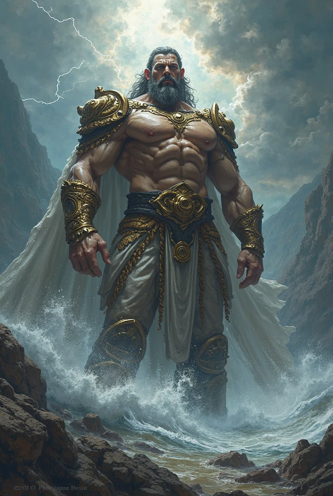 Medium shot, Zeus, Muscular, tall, bearded, thunderbolt, crown, toga, sandals, regal, commanding, divine + Zeus, Hades, Poseidon, negotiating, daytime, solemn, mountains, sky, ocean, underworld, dynamic,dramatic,cinematic,highly detailed,4k,realistic,photorealistic,professional lighting,chiaroscuro,dark,gritty,grunge,powerful,intense,epic