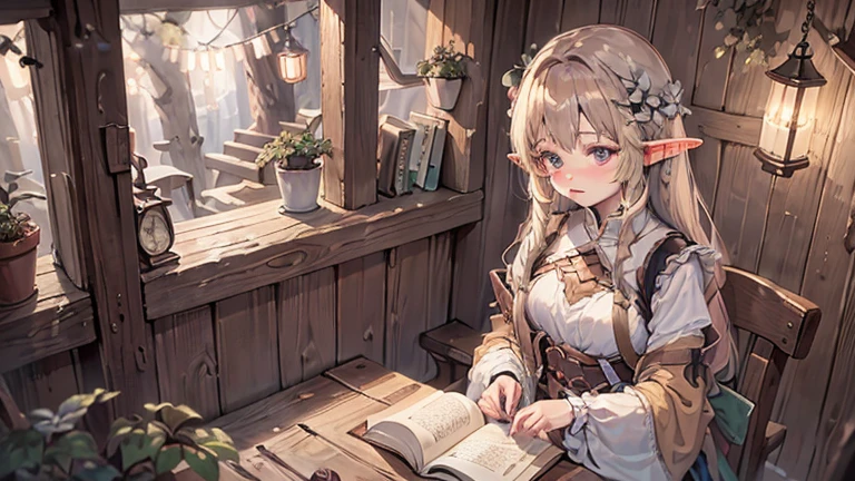 absurdres, highres, ultra detailed, (1girl:1.3), (((perfect hands))), ultra high res, nsfw, elf, 1girl, medium hair medium breasts, red hair, ahoge, green eyes, freckles, glasses, shy, blushing, choker, gloves, blouse, open cloak, short skirt, frilled skirt, striped panties under skirt, belt, belt pouch, book on hip, knee boots, stockings, wizard long_Staff in hands, full body, magic, cinematic, bent over desk, looking over shoulder, looking at viewer, magic circle, library background, casting spell, colorful, no mistakes, well detailed, extremely well done, eyes well drawn, eyes well made, face well drawn, ((no art error))