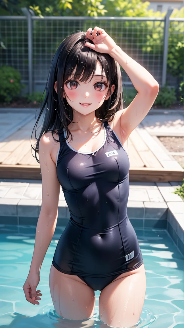 muste piece,masterpiece,highest quality,Super detailed high resolution,8K portrait,Unity,8k壁紙のHigh definitionCG,portrait photography,shiny skin,High definition,(:1.3),(1 girl),beautiful clear eyes,extremely detailed description,delicate face,nice lips,slender body,thin waist,thin legs,(Poolside:1.6),cute type,perfect face,seriously,(blush:1.5),(cute:1.5),(black hair bun hair:1.3),((medium breasts:1.3)),(navy blue school swimsuit:1.3),(I have nipples:1.2),((climax in vagina:1.5)),(spread legs:1.5),(pussy:1.5),((leaning forward:1.5))